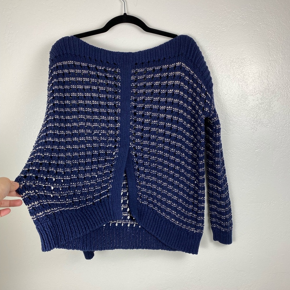 Theory Chunky Open Knit Long Sleeve Blue Cream Stripe Sweater women’s Medium